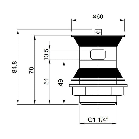[BASW314] Balterley Basin Waste with Brass Plug & Chain, Slotted Round Design, Durable Build, 60mm x 88mm - Chrome - Technical Drawing