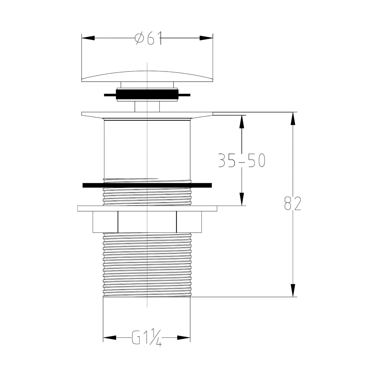 [BASW338] Balterley Easyclean Push Button Plug Basin Waste, Slotted Design for Basins with Overflow - Chrome - Technical Drawing