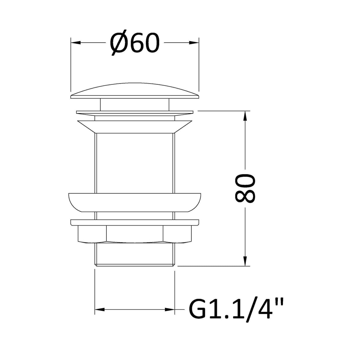 [BASWK04] Round Push Button Basin Waste Unslotted - Chrome - Technical Drawing