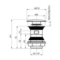 [BASWR07] Round Stainless Steel Push Button Basin Waste Slotted - Chrome - Technical Drawing