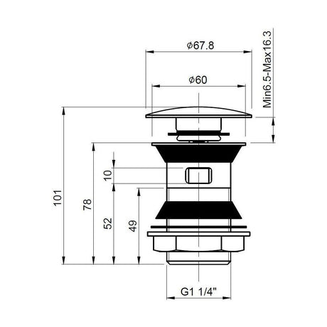 [BASWR07] Round Stainless Steel Push Button Basin Waste Slotted - Chrome - Technical Drawing