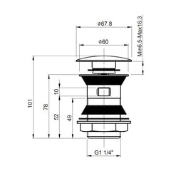 [BASWR07] Push Button Basin Waste Slotted, Choice of Finish - Technical Drawing