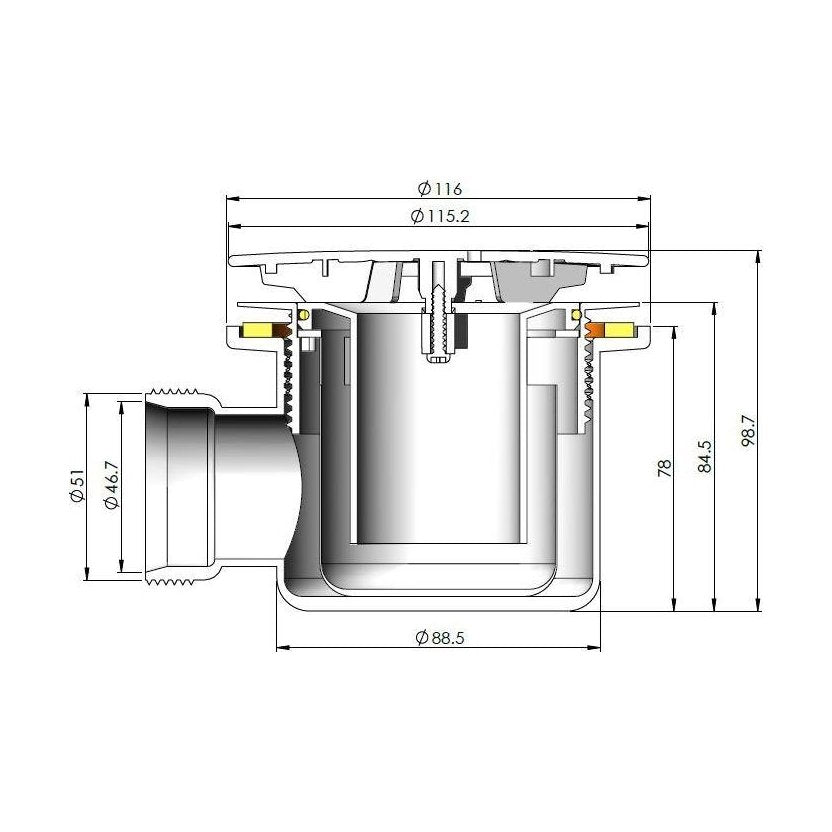 [BATW001] Contemporary Fast Flow Shower Tray Waste with Cover - Multiple Finishes (116x116x99mm) - Technical Drawing