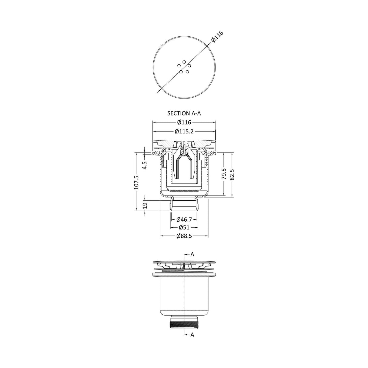 [BATW002B] Straight Shower Tray Waste Bottom Outlet, Choice of Colour - Technical Drawing