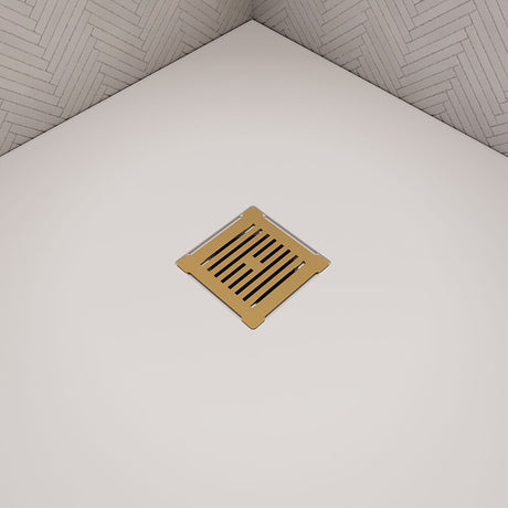 [BATW005S] Balterley Resin Slimline Shower Tray Grill Waste with Trap & Top, Fast Flow Design - Brushed Brass/White - Lifestyle 1