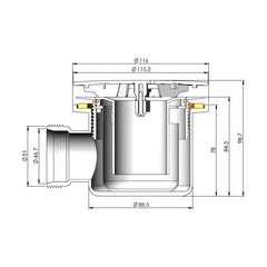 [BATW007] Contemporary Fast Flow Shower Tray Waste with Cover - Multiple Finishes (116x116x99mm) - Technical Drawing