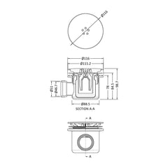 [BATW015] Contemporary Fast Flow Shower Tray Waste with Cover - Multiple Finishes (116x116x99mm) - Technical Drawing
