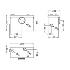 [BAWP600] Bathroom 3 Inlet Macerator Waste Pump System, 600W, 270 x 398 x 230mm, White - Technical Drawing
