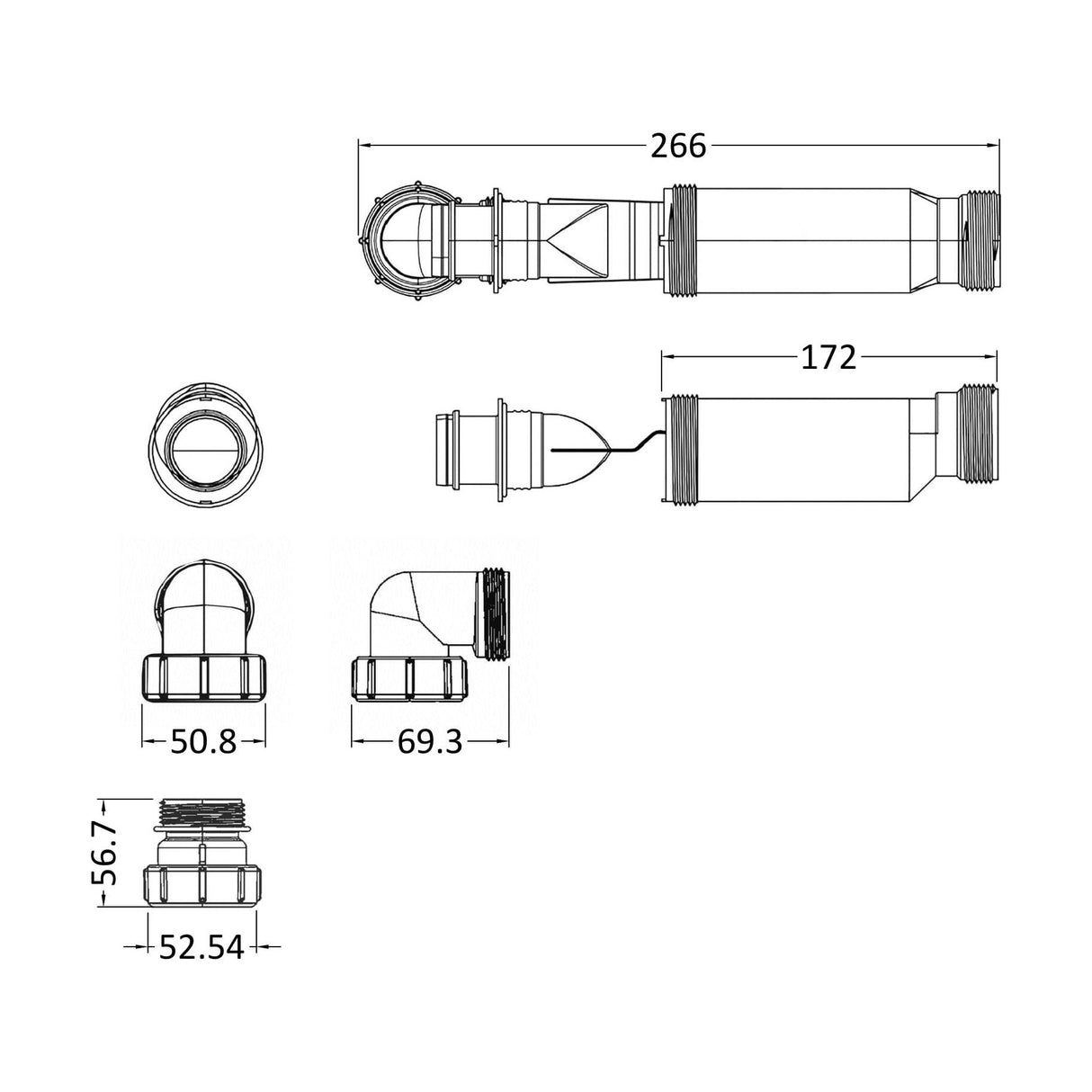 [BAWT323] Balterley Basin Waste Trap for Furniture Basins, Flexible Adjustable Design, Easy Fit 54mm x 54mm - White - Technical Drawing