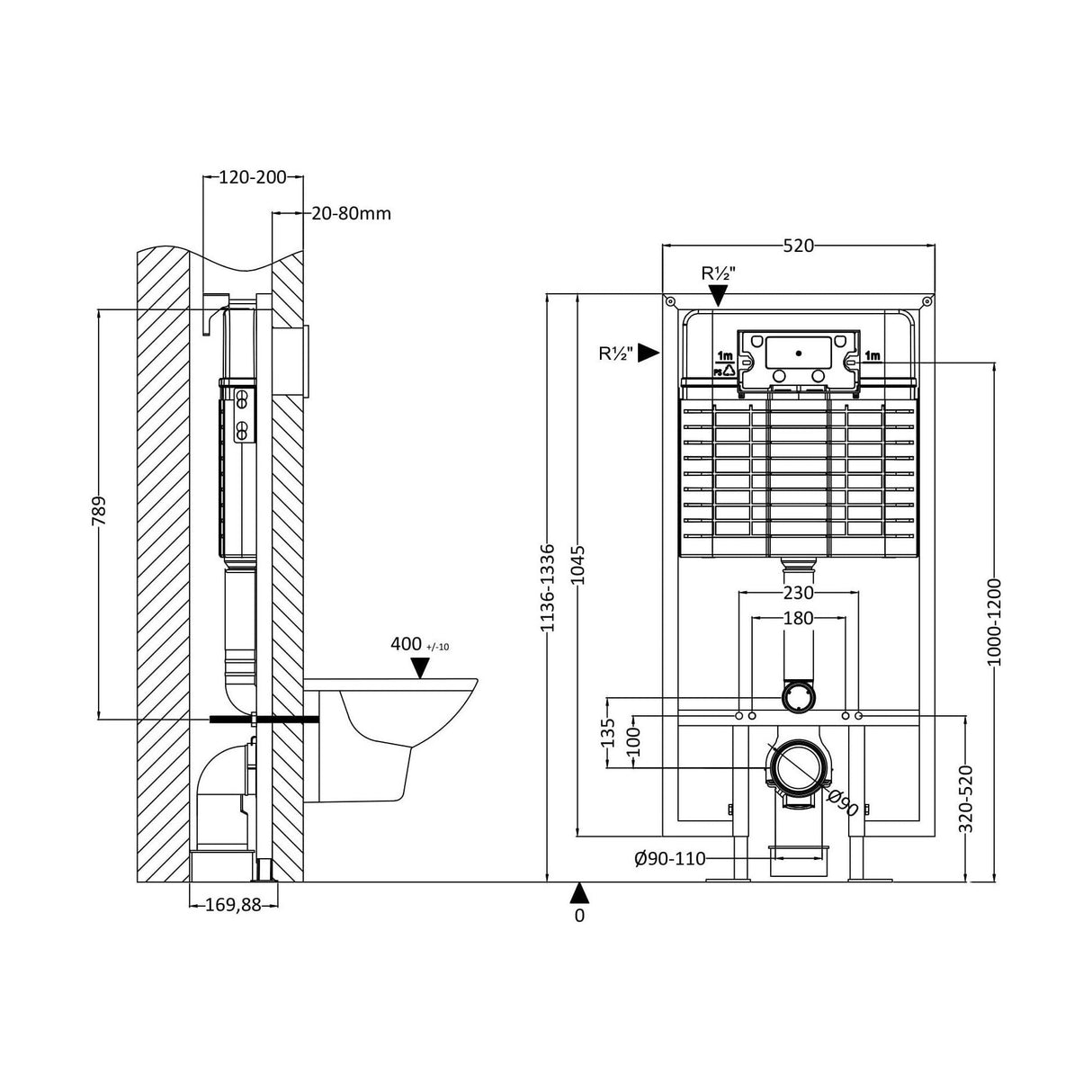 [BAXT009] Dual Flush Concealed Cistern With Frame - Technical Drawing