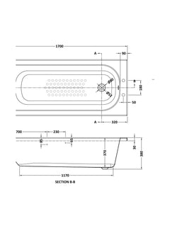 [BB00ATG] 1700 steel bath 2TH cw Anti Slip & Grips - Technical Drawing