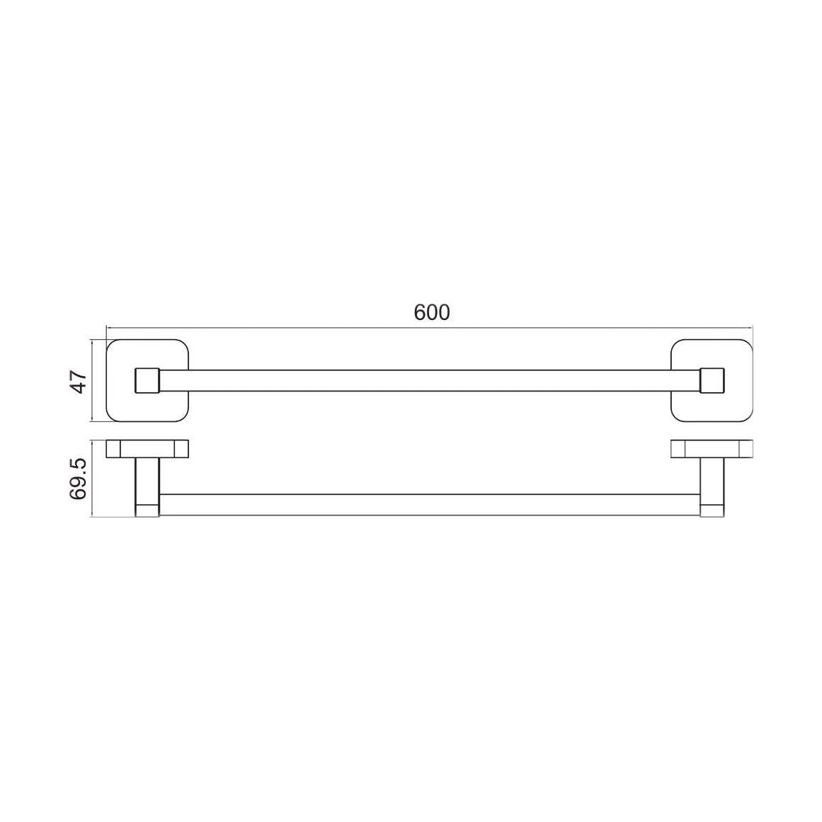 [BB101K] Wall Mounted Single Round Bathroom Towel Bar, 600mm - Choice of Finish - Technical Drawing