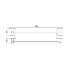 [BB101K] Wall Mounted Single Round Bathroom Towel Bar, 600mm - Choice of Finish - Technical Drawing