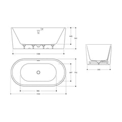 [BB351-A] Traditional Single Ended Bath, 1500 x 750 x 580mm, Gloss White - Technical Drawing