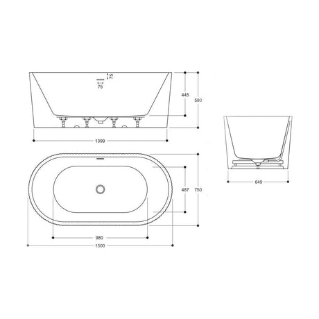 [BB351-A] Traditional Single Ended Bath, 1500 x 750 x 580mm, Gloss White - Technical Drawing