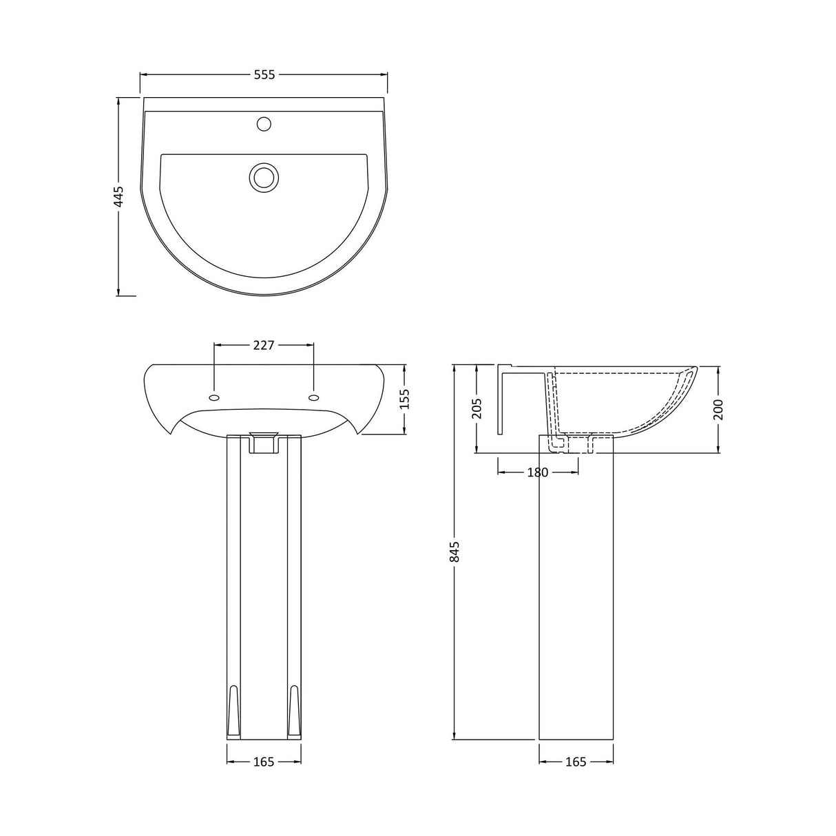 [BB3721A] Sleek Modern White 550mm Round Bathroom 1 Tap Hole Basin & Pedestal - Technical Drawing