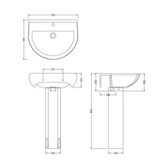 [BB3721A] Sleek Modern White 550mm Round Bathroom 1 Tap Hole Basin & Pedestal - Technical Drawing