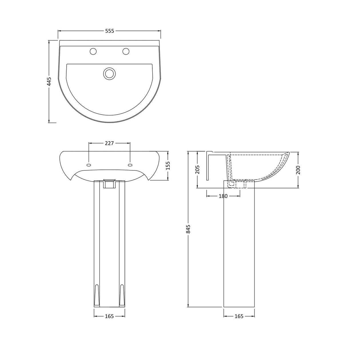 [BB3722A] Sleek Modern White 550mm Round Bathroom 2 Tap Hole Basin & Pedestal - Technical Drawing