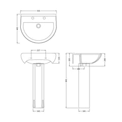 [BB3722A] Sleek Modern White 550mm Round Bathroom 2 Tap Hole Basin & Pedestal - Technical Drawing