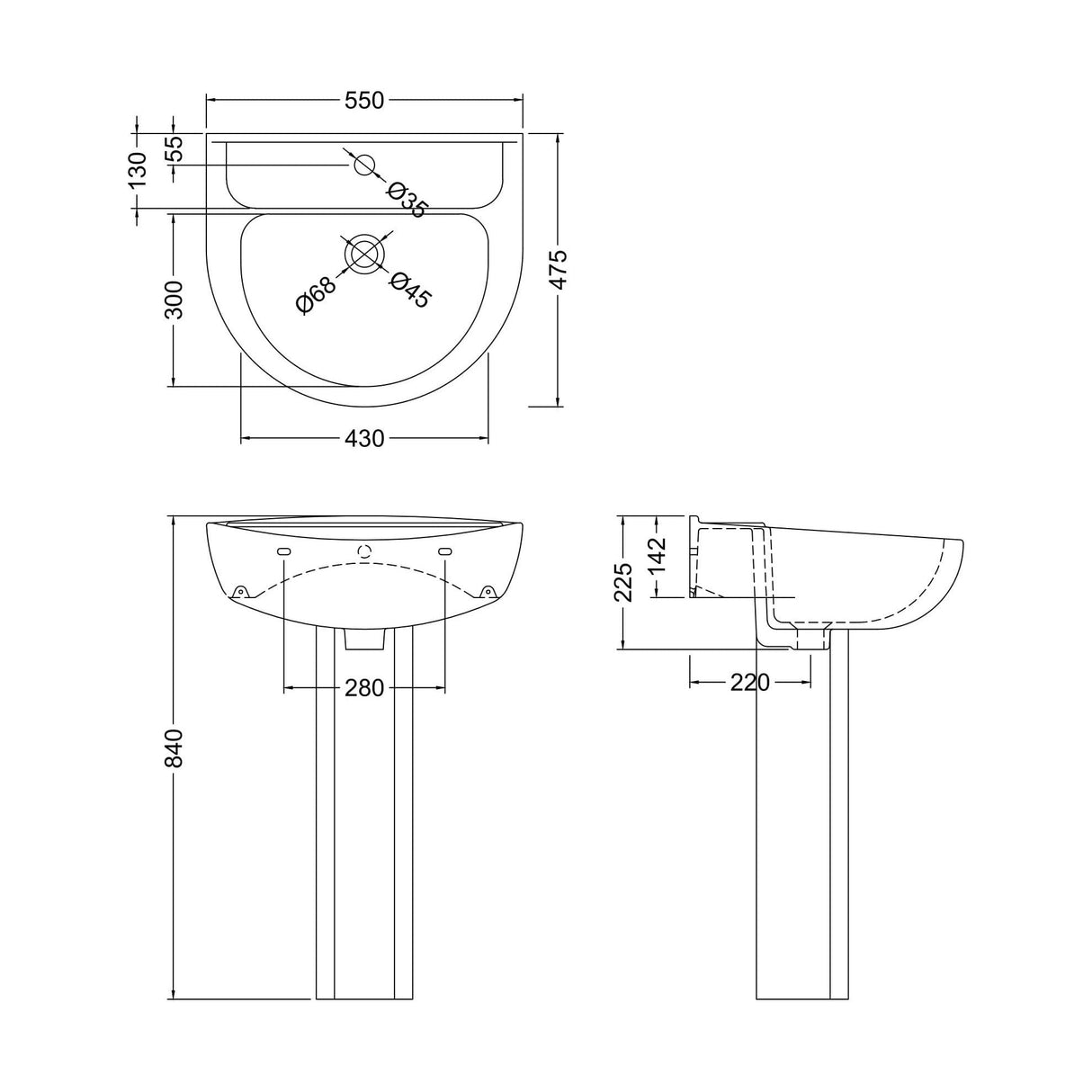 [BB7021T] Sleek Modern White 550mm Round Bathroom 1 Tap Hole Basin & Pedestal - Technical Drawing