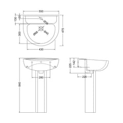 [BB7021T] Sleek Modern White 550mm Round Bathroom 1 Tap Hole Basin & Pedestal - Technical Drawing