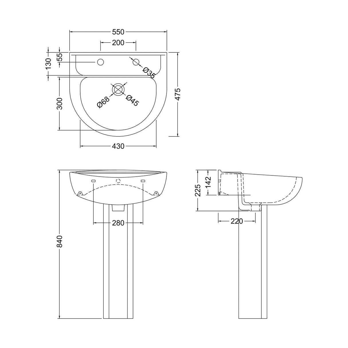 [BB7022T] Sleek Modern White 550mm Round Bathroom 2 Tap Hole Basin & Pedestal - Technical Drawing