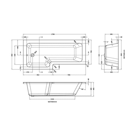 [BB7L18L] Arley 1700mm L-bath & legs LH - Technical Drawing
