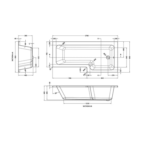 [BB7L18R] Arley 1700mm L-bath & legs RH - Technical Drawing
