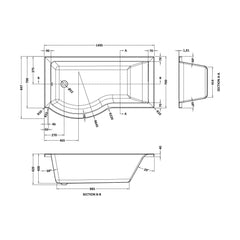 [BB7P15L] P SHAPED SHOWER BATH LH 1500x900x740x565 - Technical Drawing