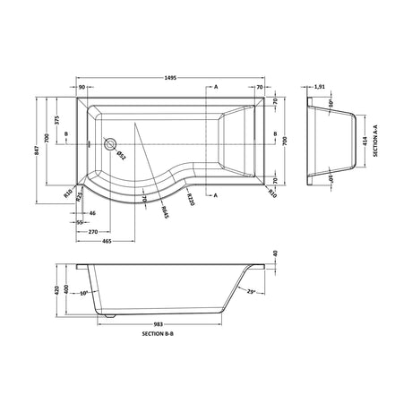 [BB7P15L] P SHAPED SHOWER BATH LH 1500x900x740x565 - Technical Drawing