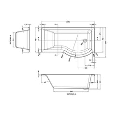 [BB7P15R] P SHAPED SHOWER BATH RH 1500x900x740x565 - Technical Drawing