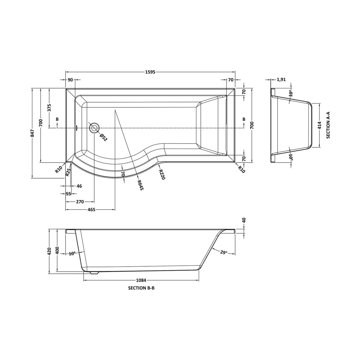 [BB7P16L] P SHAPED SHOWER BATH LH 1600x900x740x565 - Technical Drawing