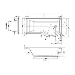 [BB7P16R] P SHAPED SHOWER BATH RH 1600x900x740x565 - Technical Drawing