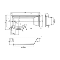 [BB7P17L] P SHAPED SHOWER BATH LH 1700x900x740x565 - Technical Drawing