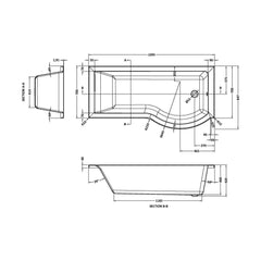 [BB7P17R] P SHAPED SHOWER BATH RH 1700x900x740x565 - Technical Drawing