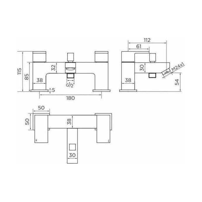 [BB9029] Balterley Modern Bath Shower Mixer with Shower Kit Durable Brass Construction, Dual Handles - Chrome Finish - Technical Drawing