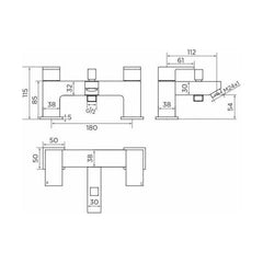 [BB9029] Balterley Modern Bath Shower Mixer with Shower Kit Durable Brass Construction, Dual Handles - Chrome Finish - Technical Drawing