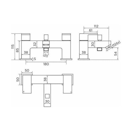 [BB9029] Balterley Modern Bath Shower Mixer with Shower Kit Durable Brass Construction, Dual Handles - Chrome Finish - Technical Drawing