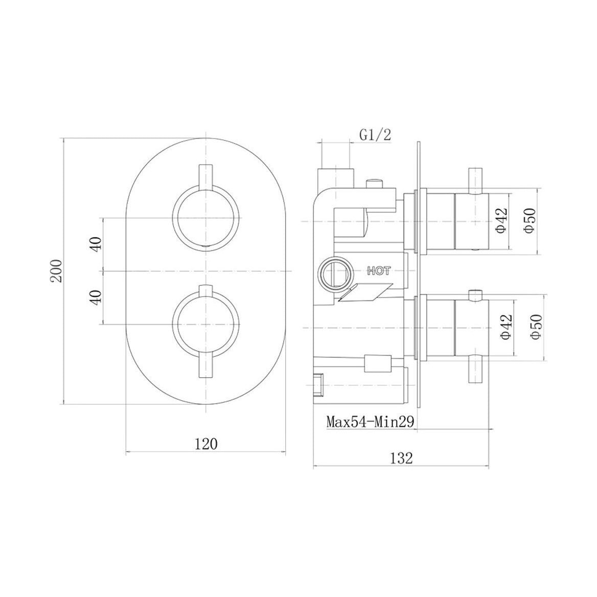 [BB9308BL] Balterley Concealed Wall Mounted Round Handle Single Outlet Twin Shower Valve Durable Brass, 200x120mm - Matt Black Finish - Technical Drawing