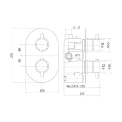 [BB9308BL] Balterley Concealed Wall Mounted Round Handle Single Outlet Twin Shower Valve Durable Brass, 200x120mm - Matt Black Finish - Technical Drawing