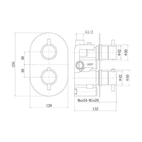 [BB9308BL] Balterley Concealed Wall Mounted Round Handle Single Outlet Twin Shower Valve Durable Brass, 200x120mm - Matt Black Finish - Technical Drawing