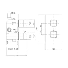 [BB9310BL] Balterley Modern Wall Mounted Concealed Twin Square Thermostatic Shower Valve Durable Brass, 200x120mm - Matt Black Finish - Technical Drawing