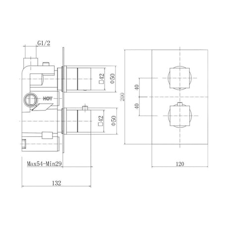[BB9310BL] Balterley Modern Wall Mounted Concealed Twin Square Thermostatic Shower Valve Durable Brass, 200x120mm - Matt Black Finish - Technical Drawing