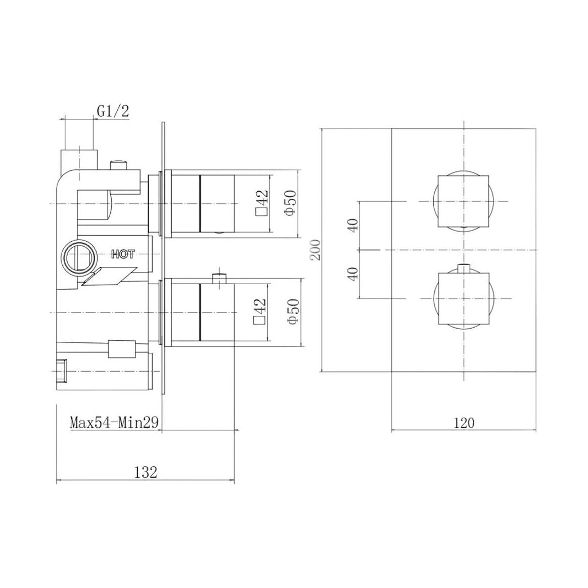 [BB9310BRS] Balterley Modern Wall Mounted Concealed Thermostatic Square Twin Handle Single Outlet Shower Valve, 200x120mm Brushed Brass Finish - Technical Drawing