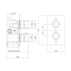 [BB9312BL] Balterley Modern Wall Mounted Concealed Thermostatic Twin Handle Shower Valve Durable Brass, 200x120mm - Matt Black Finish - Technical Drawing