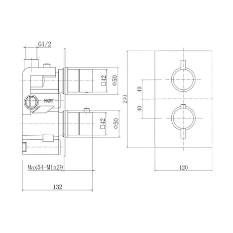 [BB9312BL] Balterley Modern Wall Mounted Concealed Thermostatic Twin Handle Shower Valve Durable Brass, 200x120mm - Matt Black Finish - Technical Drawing