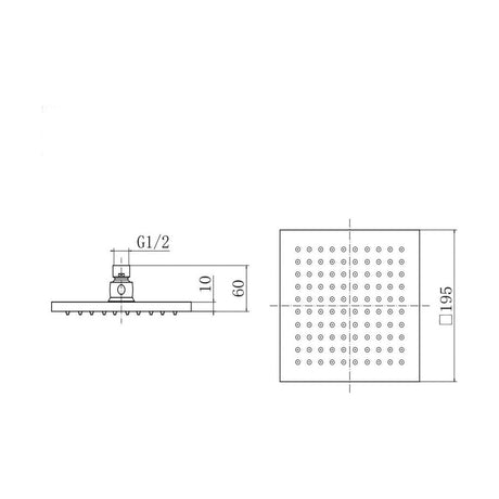 [BB9331] Balterley Modern Bathroom Fixed Square Shower Head ABS 1/2-inch BSP Inlet Connection, 200x200mm - Chrome Finish - Technical Drawing