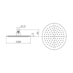 [BB9332] Balterley Modern Bathroom Round 6mm Slimline Ultra Thin Shower Head Stainless Steel, 200mm - Chrome Finish - Technical Drawing