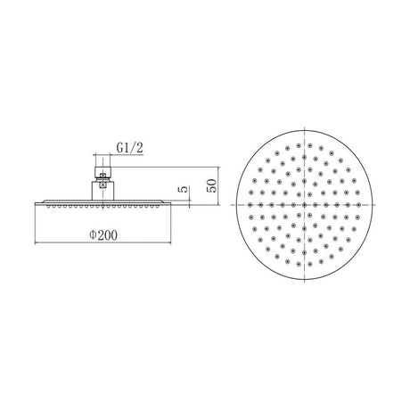 [BB9332] Balterley Modern Bathroom Round 6mm Slimline Ultra Thin Shower Head Stainless Steel, 200mm - Chrome Finish - Technical Drawing