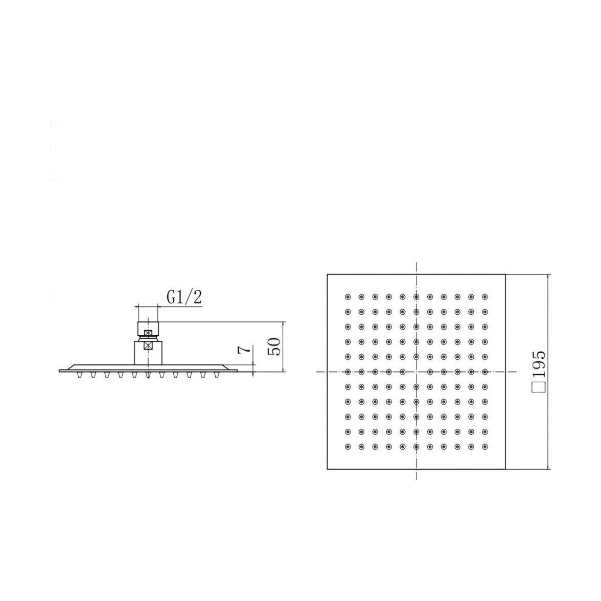 [BB9333BL] Balterley Modern Bathroom Square Ultra Thin Slimline Shower Head Stainless Steel, 200x200mm - Matt Black Finish - Technical Drawing